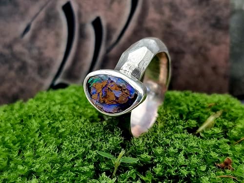 LeoLars-PABE Boulder Opal Design Ring, Gr. 61, aus 925er Silber, grob geschliffen, seidenmatt, Opal mit grün-blauen Opaladern, Unikat, Handarbeit