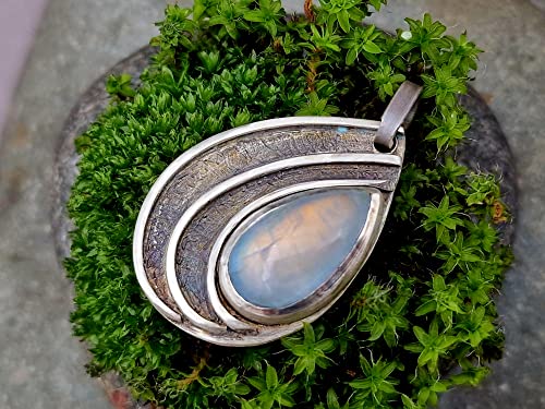 LeoLars-PABE Weißer Labradorit Tropfen Design Anhänger aus 925er Silber, teilgeschwärzt, Magisch, Mystisch, Unikat, Handarbeit