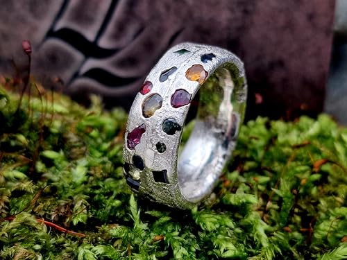 LeoLars-PABE Design Sandguss Chaos Ring, Gr.56 (17,8), mit echten eingegossenen verschiedensten Edelsteinen aus 925er Silber, Nr.52, Unikat, Handarbeit