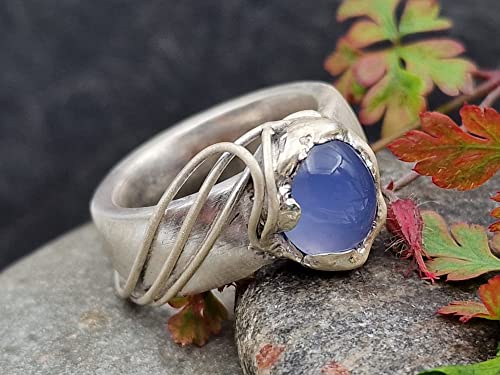 LeoLars-PABE Chalcedon Design Ring, Gr.58 (18,5), aus 925er Silber, Wellen Design, Massiv, Seidenmatt, Unikat, Handarbeit