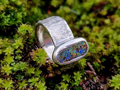 LeoLars-PABE Design Ring mit Boulder Opal aus 925er Silber, Ringschiene mit Stein Struktur, Gr. 57-58, Opal 13.4x6.1mm, Unikat, Handarbeit