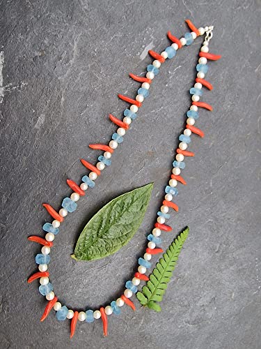 LeoLars-PABE 44cm Aquamarin und Perlen Kette mit 925er Silberverschluss, Unikat, Handarbeit
