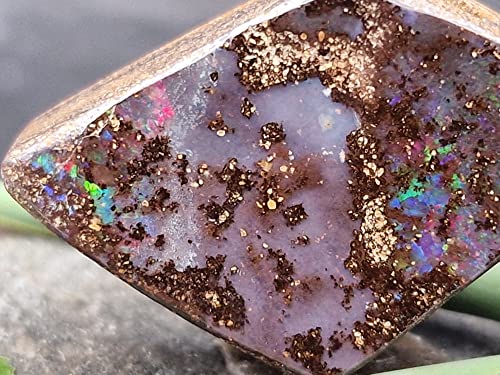 LeoLars-PABE Boulderopal Anhänger gebohrt mit 60cm Lederband, partiell buntes Opalfeuer, Boulder Opal 28.2 x 17.9 x 6.5mm, Unikat, Handgeschliffen