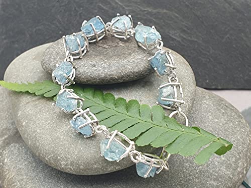 LeoLars-PABE Aquamarin Rohstein Armband aus 925er Silber, 11 Aquamarine, 19cm lang, Unikat, Handarbeit