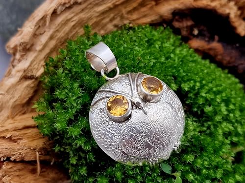 LeoLars-PABE Anhänger Erdbeereule Heiderose aus 925er Silber mit Citrinen als Augen, Anhänger 28mm, Unikat, Handarbeit