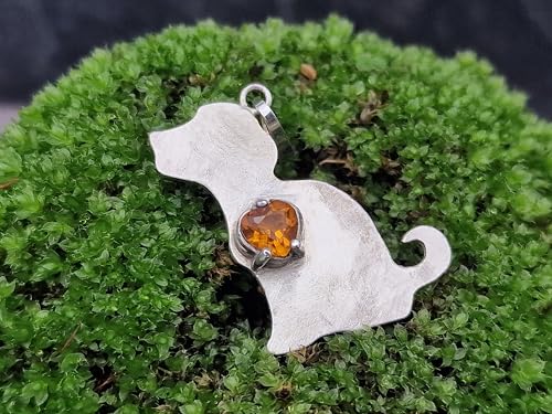 LeoLars-PABE Hundewelpen Anhänger aus 925er Silber mit Mandarin Granat Herz, seidenmatt, Hund, Handarbeit
