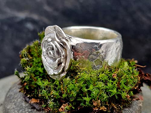 LeoLars-PABE Massiver 925er Silber Ring, Gr.61, mit Rosenblüte, handmodelliert, organische Oberfläche, Unikat, Handarbeit