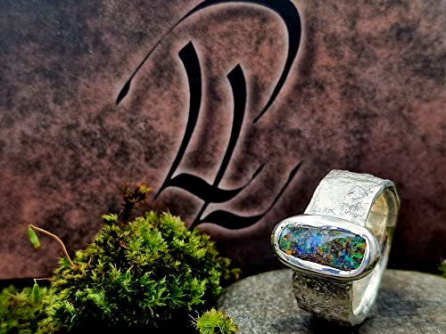 LeoLars-PABE Design Ring mit Boulder Opal aus 925er Silber, Ringschiene mit Stein Struktur, Gr. 57-58, Opal 13.4x6.1mm, Unikat, Handarbeit