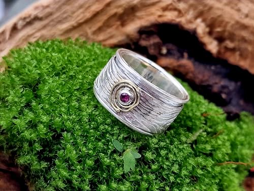 LeoLars-PABE Rubin Spinner Design Ring, Gr.57, aus 925er Silber mit Holzmaserung und 585er Goldschnecke um den Rubin, Unikat, Handarbeit