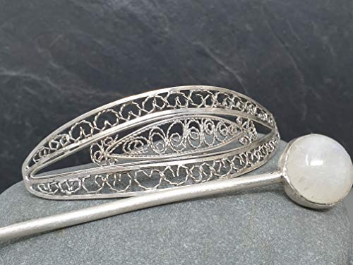 Haarnadel, Fibel aus 925er Silber mit weißem Labradorit in Filigree, Filigran, Unikat, Handarbeit