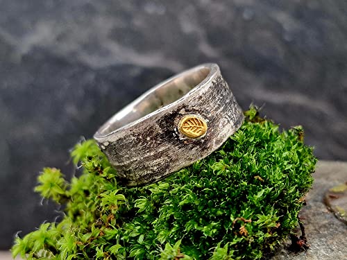 LeoLars-PABE Design Ring Bambus aus 925er Silber, Gr. 60, mit Feingoldblatt , aus echten Bambusblättern, teilgeschwärzt, Unikat, Handarbeit