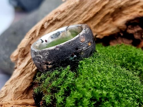 LeoLars-PABE Massiver Sandguss Design Ring, Gr. 60-61, aus 925er Silber mit verschieden farbigen direkt eingegossenen Saphiren, geschwärzt, Unikat, Handarbeit