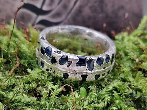 LeoLars-PABE Design Saphir Sandguss Design Herren Ring, Gr.66 (21), mit echten blauen eingegossenen Saphiren aus 925er Silber, Unikat, Handarbeit
