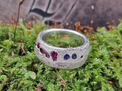 LeoLars-PABE Regenbogen farbener Sandguss design Ring, Gr.53-54 (17), aus 925er Silber mit eingegossenen echten bunten Edelsteinen, Unikat, Handarbeit
