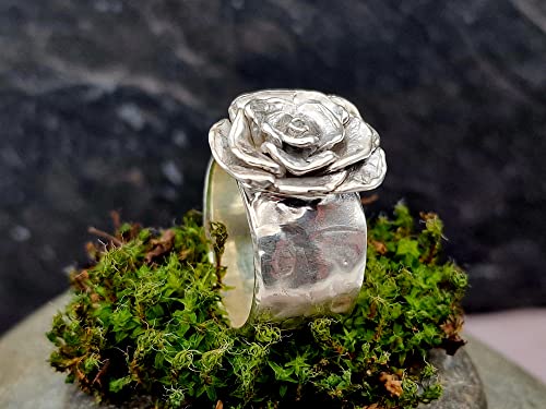 LeoLars-PABE Massiver 925er Silber Ring, Gr.61, mit Rosenblüte, handmodelliert, organische Oberfläche, Unikat, Handarbeit