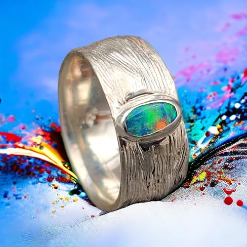 LeoLars-PABE Lightning Ridge Opal Design Ring, Gr.56 (17,8), aus 925er Silber mit Blatt Struktur, Opal Multicolor Opalfeuer 6,7 x 3,6mm, Unikat, Handarbeit