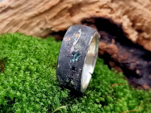 LeoLars-PABE Massiver Sandguss Design Ring, Gr. 60-61, aus 925er Silber mit verschieden farbigen direkt eingegossenen Saphiren, geschwärzt, Unikat, Handarbeit