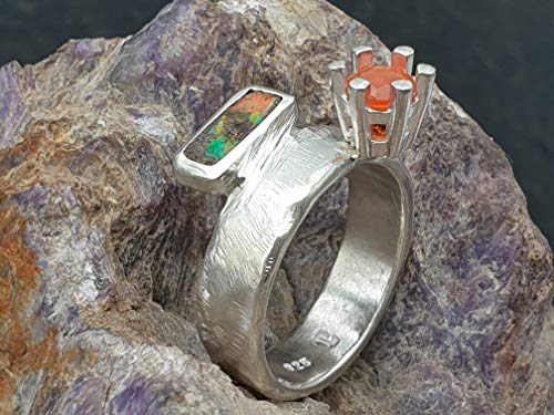 LeoLars-PABE Boulder und Feueropal Design Ring aus 925er Silber, Gr.57, geschmiedetes Design, Unikat, Handarbeit