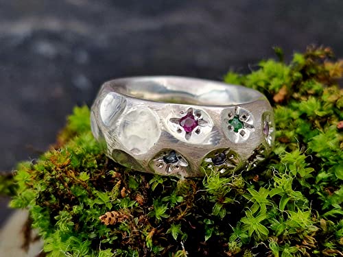 LeoLars-PABE Blüten Design Ring, Gr.56, aus 925er Silber, massiv, mit Citrin, Amethyst, Rubin, Tsavorit, Saphir und Blautopas als Blüten, Unikat, Handarbeit