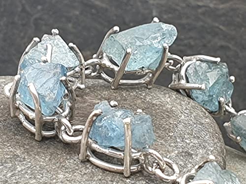 LeoLars-PABE Aquamarin Rohstein Armband aus 925er Silber, 11 Aquamarine, 19cm lang, Unikat, Handarbeit
