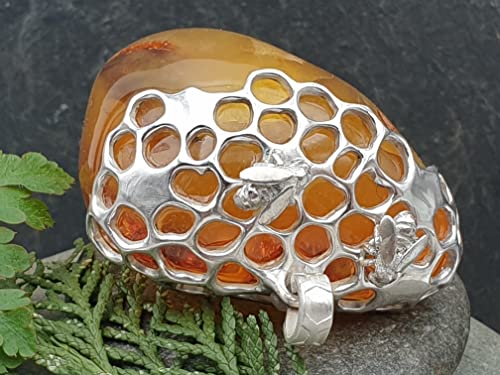 LeoLars-PABE Großer Nordsee Honig Bernstein Design Anhänger aus 925er Silber, Honigwaben, Bienen, Unikat, Handarbeit
