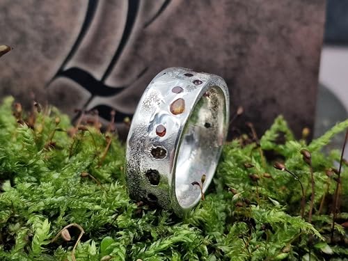 LeoLars-PABE Bunter Design Sandguss Ring, Gr. 59 (18,7), aus 925er Silber mit bunten echten eingegossenen Edelsteinen, glänzend, Unikat, Handarbeit