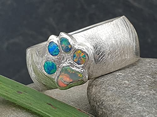LeoLars-PABE Lightning Ridge Chrystal Opal Pfötchen Ring, Gr.61, Multicolor, Pfote, eismattiert, Unikat, Handarbeit