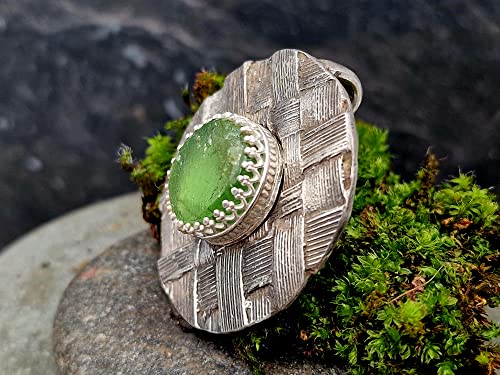 LeoLars-PABE Peridot Design Anhänger mit natürlicher Oberfläche, aus 925er Silber und echter gewebter Pampasgras Oberfläche, teilgeschwärzt, Unikat, Handarbeit