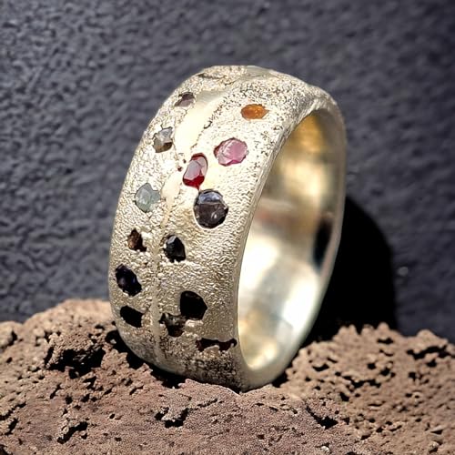 LeoLars-PABE Design Sandguss Ring, Gr.53 (16,8), aus 925er Silber mit eingegossenen echten verschiedenen Edelsteinen, Sandguss Oberfläche, Nr.60, Unikat, Handarbeit