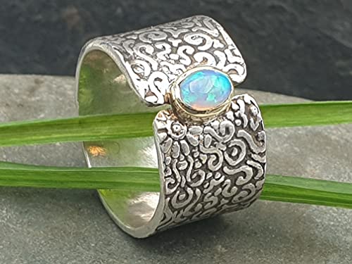 LeoLars-PABE Lightning Ridge Opal Design Ring, Gr.59 aus 925er Silber mit 585er Goldfassung, Unikat, Handarbeit