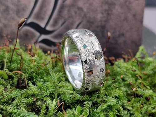 LeoLars-PABE Design Sandguss Ring, Gr.55 (17,5), aus 925er Silber mit verschiedenen echten eingegossenen Edelsteinen, Handarbeit, Unikat