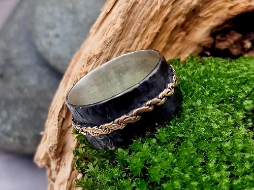 LeoLars-PABE Herren Bicolor Design Ring, Gr.69, aus 925er Silber mit montierter 585er Gelbgold Kette, geschwärzt, mystisch, magisch, Unikat, Handarbeit