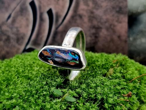 LeoLars-PABE Boulder Opal Ring, Gr.57-58, aus 925er Silber, Opal mit tollem Muster und grün-lila Opalfeuer, Opal 17,5x7mm, Unikat, Handarbeit