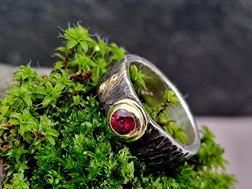 LeoLars-PABE Rubin Design Ring, Gr.55-56, aus 925er Silber mit Goldfassung und zwei Diamanten, teilgeschwärzt, Unikat, Handarbeit