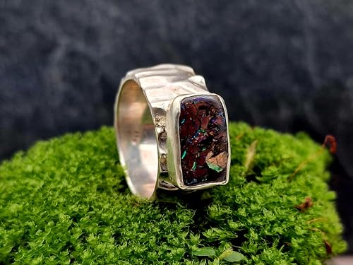 LeoLars-PABE Boulder Opal herren Design Ring, Gr.65-66, aus 925er Silber, Opal mit Muster und bunten Opaladern, grob geschliffen, massiv, Unikat, Handarbeit