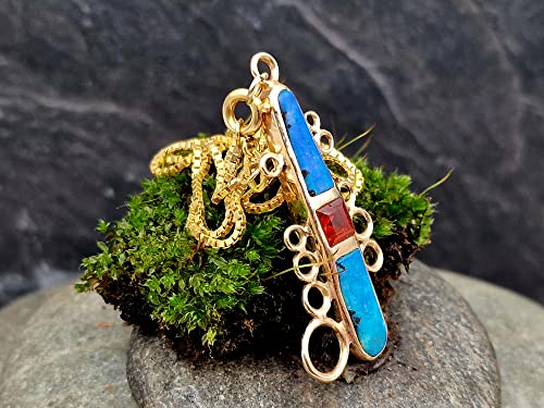LeoLars-PABE 585er Gold Design Anhänger mit zwei GEM Boulder Opalen und einem Feueropal, Maritim, Leuchturm, mit Double Gold Kette, Unikat, Handarbeit