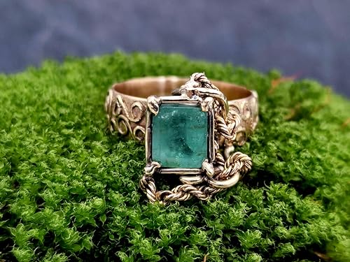 LeoLars-PABE Magisch mystischer Smaragd Design Ring aus 585er Gelbgold, verspielte Kettenverzierung, zauberhafte Schnörkel, Gr. 61/62, Unikat, Handarbeit