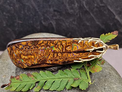 LeoLars-PABE Boulder Opal Design Anhänger mit 585er Tribal Gold Aufhängung, grün-blaues Opalfeuer, tolles Muster, beidseitig tragbar, Unikat, Handarbeit
