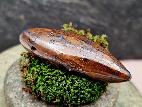LeoLars-PABE Boulder Opal Anhänger gebohrt mit 60cm Lederband, wie versteinertes Holz, partielles Opalfeuer, 49.4x17x11.8mm, Unikat, Handarbeit