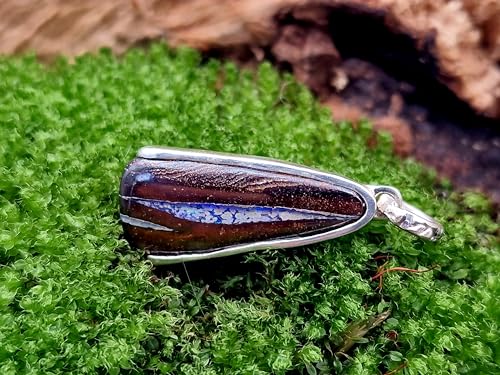 LeoLars-PABE Anhänger mit Boulder Opal aus 925er Silber, grün-blaue kräftige Opalader mit Feuer, Opal 22,9x11mm, Unikat, Handarbeit