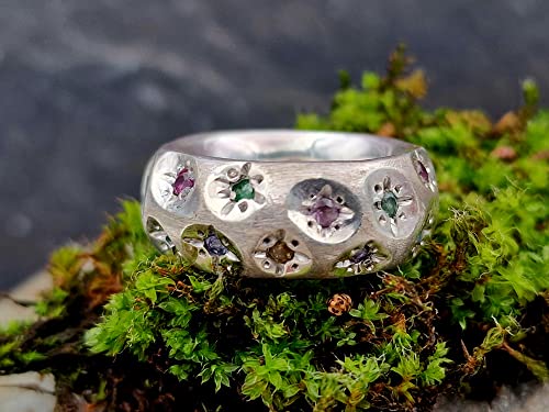 LeoLars-PABE Blüten Design Ring, Gr.56, aus 925er Silber, massiv, mit Citrin, Amethyst, Rubin, Tsavorit, Saphir und Blautopas als Blüten, Unikat, Handarbeit