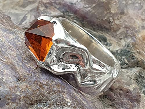 LeoLars-PABE Citrin Design Ring aus 925er Silber, Gr.58, Sonderschliff, Organisch, Hammerschlag, Unikat, Handarbeit