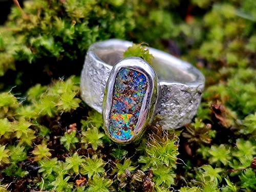 LeoLars-PABE Design Ring mit Boulder Opal aus 925er Silber, Ringschiene mit Stein Struktur, Gr. 57-58, Opal 13.4x6.1mm, Unikat, Handarbeit