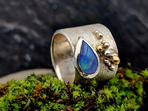 LeoLars-PABE Lightning Ridge Opal Design Ring, Gr.58, aus 925er Silber mit 750er Gelbgold Akzenten und echter Pampasgras Struktur, Unikat, Handarbeit
