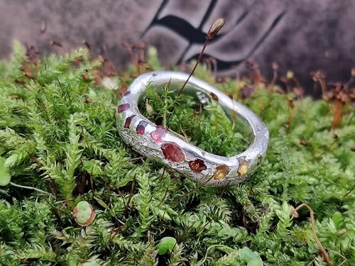 LeoLars-PABE Geschwungener Sandguss Design Ring, Gr.57 (18,2), aus 925er Silber mit eingegossenen bunten echten Edelsteinen, Unikat, Handarbeit