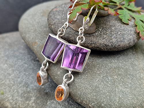 Amethyst, Mandarin Garant Design Ohrhänger aus 925er Silber, Spezial Spiegel Design Schliff, mit Brisuren, Unikat, Handarbeit