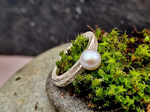 LeoLars-PABE 925er Silber Ring, Gr.56, mit Süßwasserzuchtperle, mit Sepiaguss O=berfläche, teilgeschwärzt, Unikat, Handarbeit
