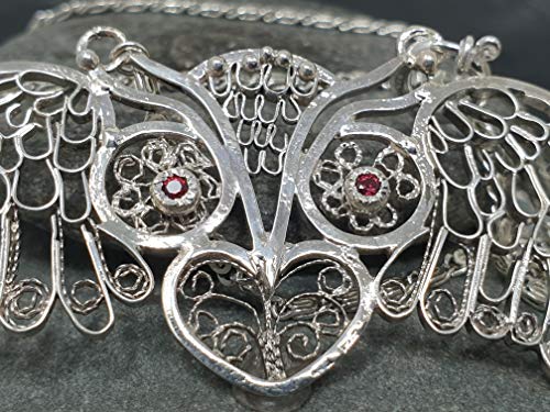 LeoLars-PABE Filigree Anhänger aus 925er Silber Eule, 50cm Silberkette, 2 Rhodolite, Unikat, Handarbeit