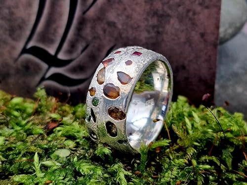 LeoLars-PABE Sandguss Design Ring, Gr.56 (17,8), aus 925er Silber mit echten eingegossenen verschiedensten Edelsteinen mit Farbverlauf, Nr.51, Unikat, Handarbeit