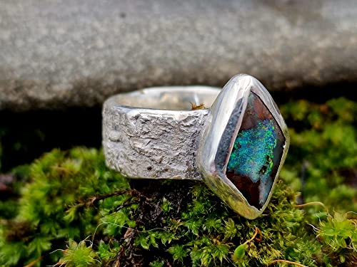 LeoLars-PABE Boulder Opal Design Ring, Gr.53-54, aus 925er Silber im Structure Design Stein, Opal mehrfarbig 18.3mm x 10.3mm, Unikat, Handarbeit